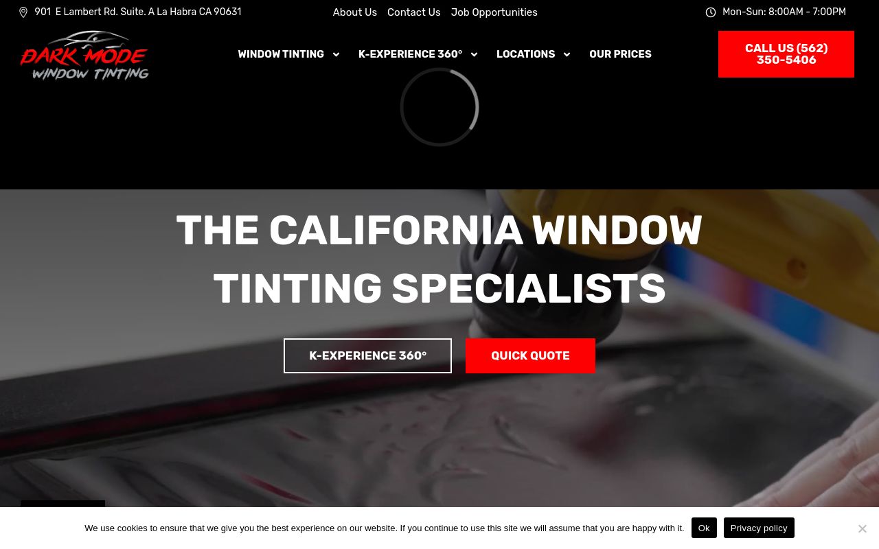 Homepage of Dark Mode Window Tinting's website