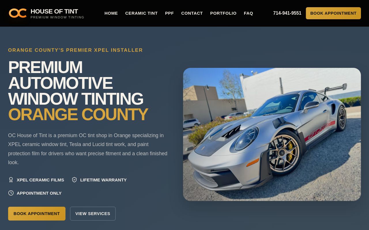 Homepage of OC House of Tint's website