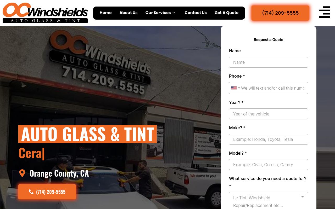 Homepage of OC Windshields Auto Glass & Tint's website