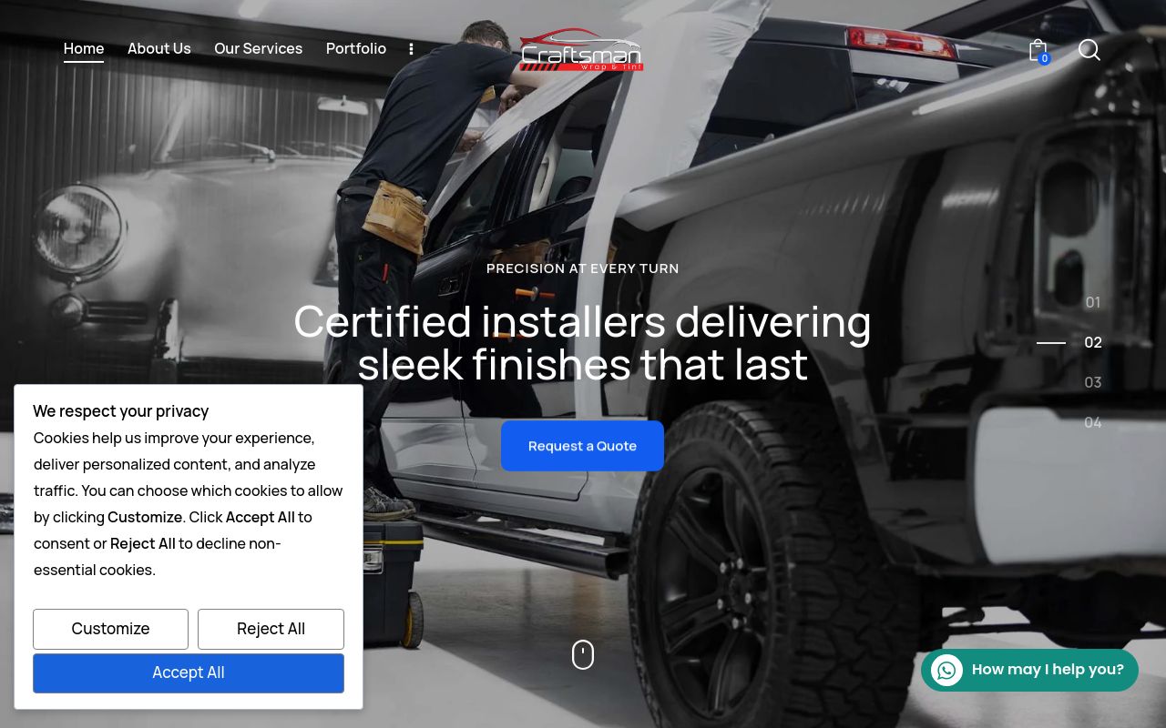 Homepage of Craftsman Wrap And Tint's website