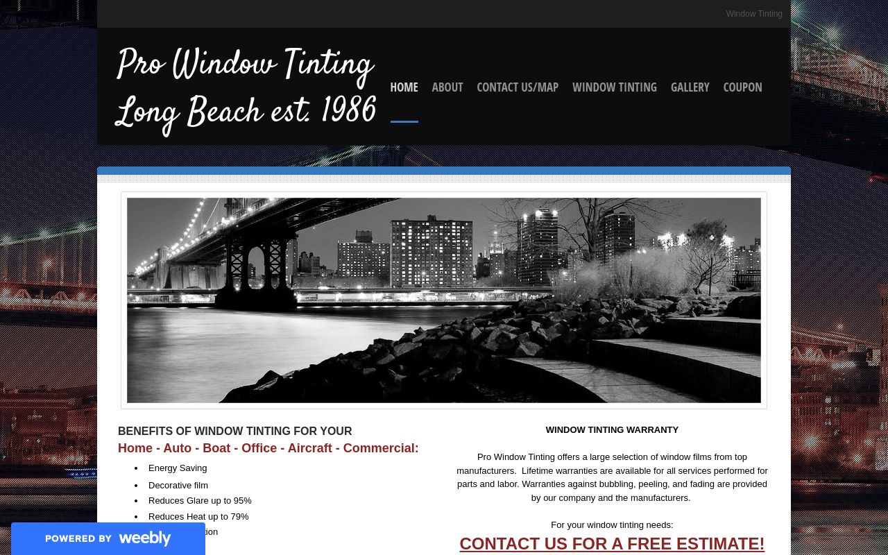 Homepage of Pro Window Tinting's website