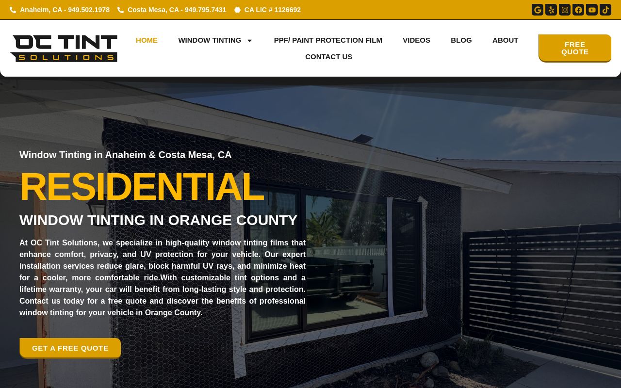 Homepage of OC Tint Solutions's website