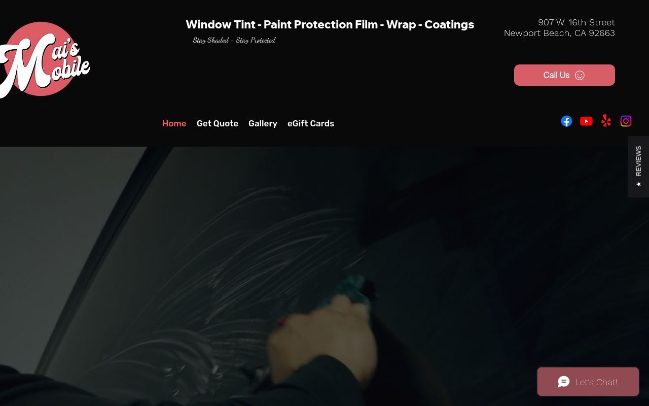 Homepage of Mai's Mobile Tint & PPF's website