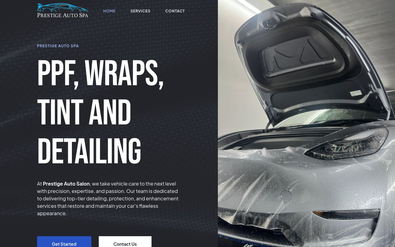 Homepage of Prestige Auto Spa - STEK PPF, Wraps, and Detailing's website