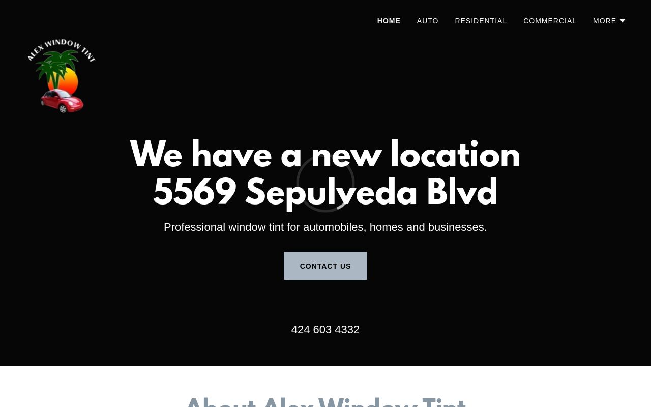 Homepage of Alex Window Tint's website