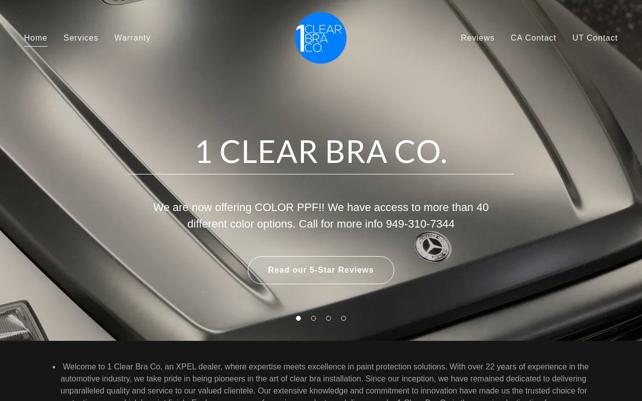Homepage of 1 Clear Bra Co.'s website