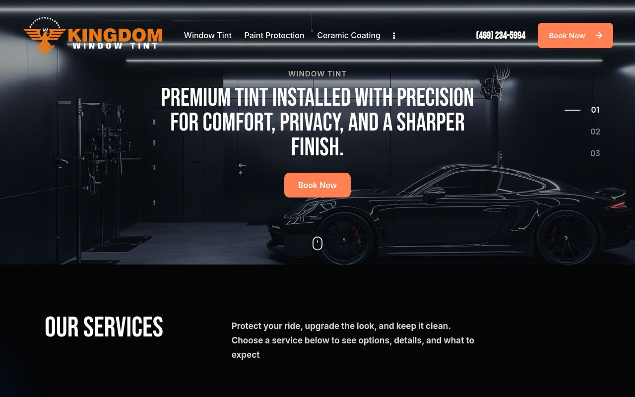 Homepage of Kingdom Window Tint - PPF & Ceramic Coating's website