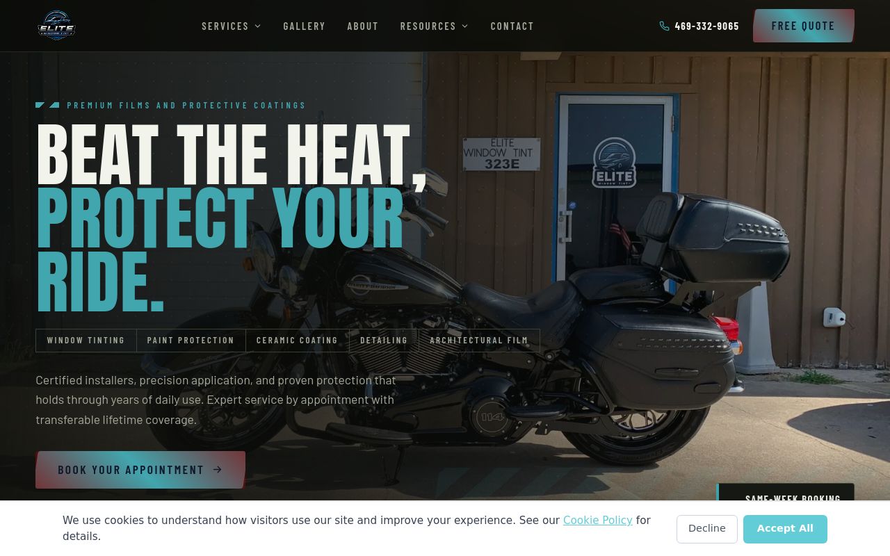 Homepage of Elite Window Tint's website