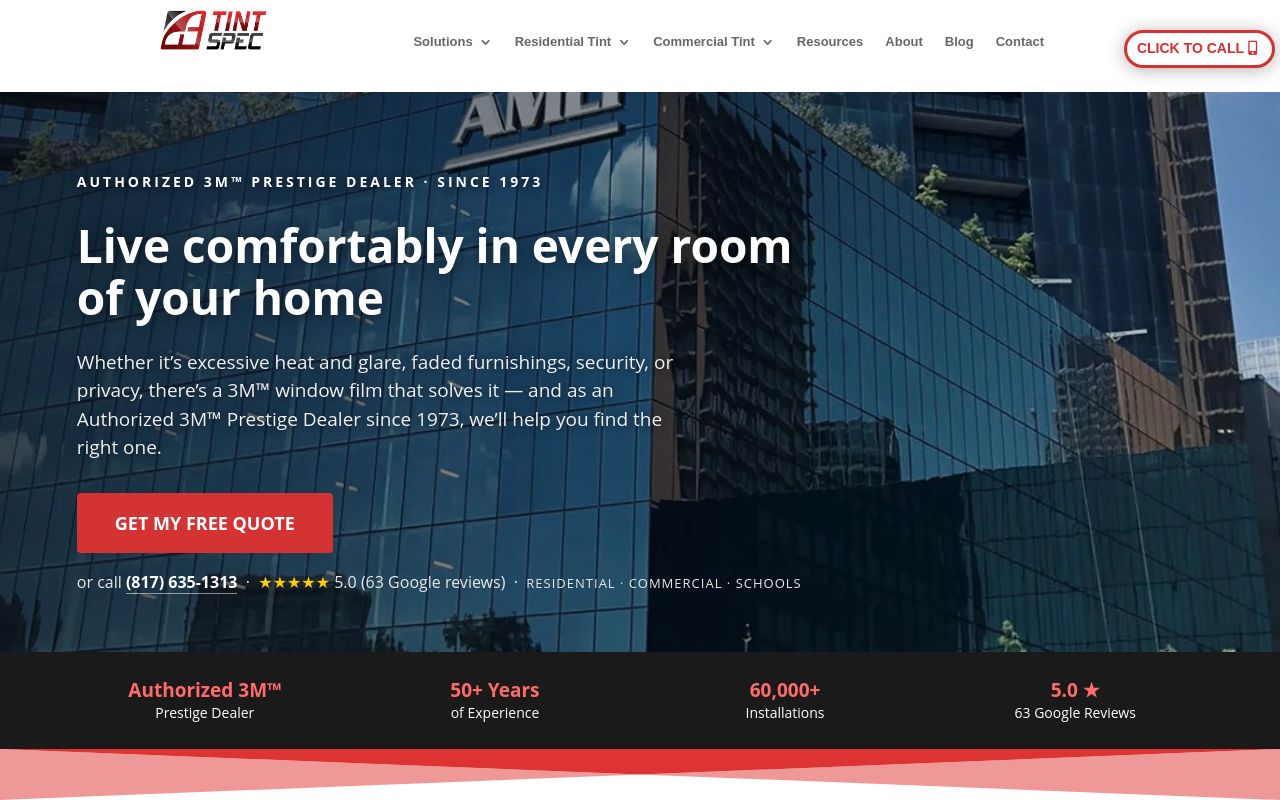 Homepage of Tint Spec's website
