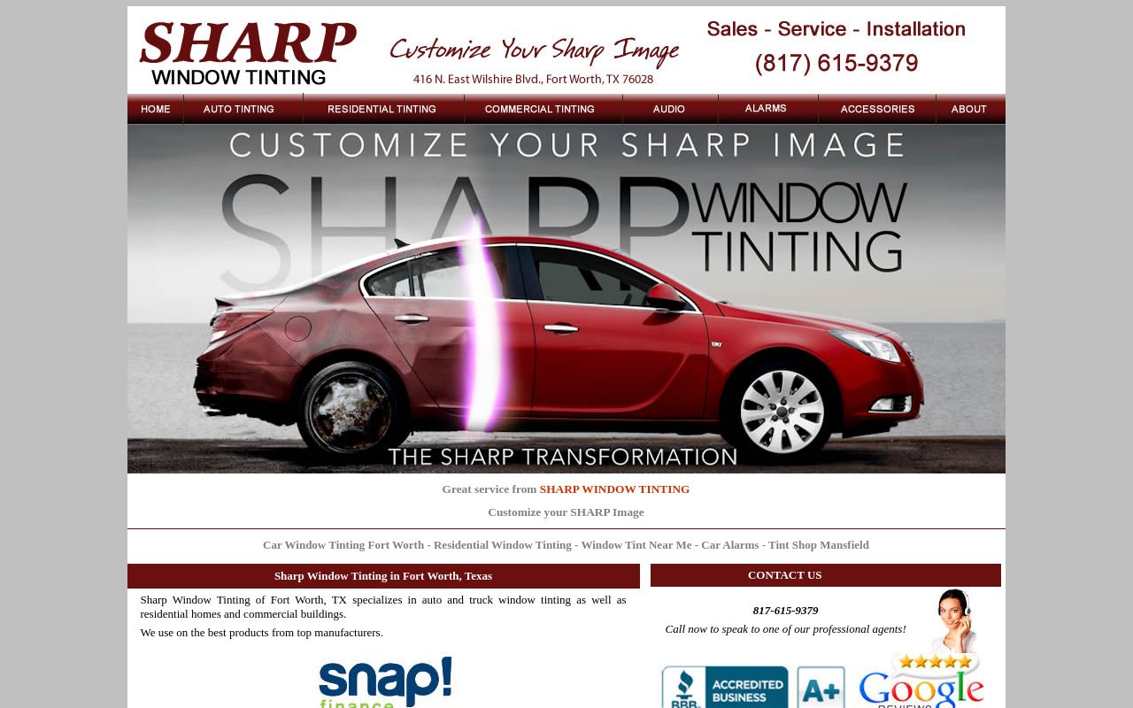 Homepage of Sharp Window Tint's website