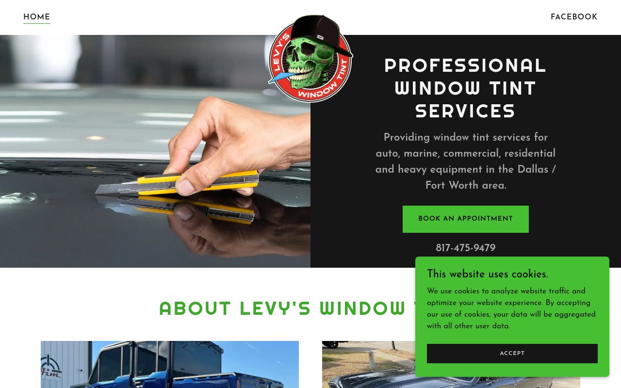 Homepage of Levy's Window Tint's website