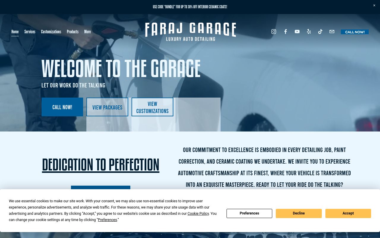 Homepage of Faraj Garage Luxury Auto Detailing's website