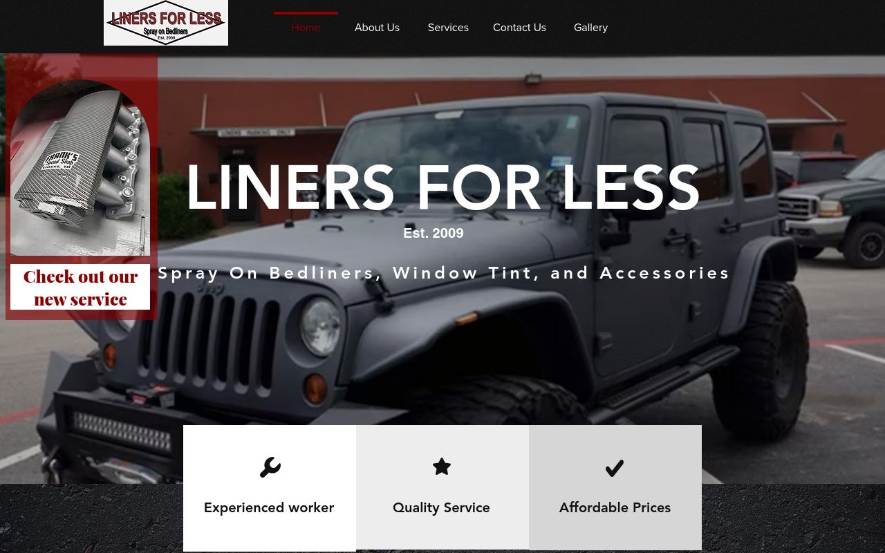 Homepage of Liners For Less LLC's website