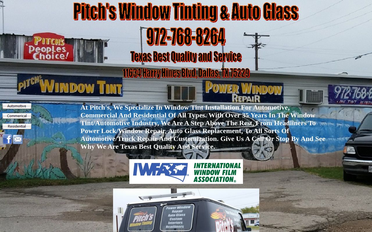 Homepage of Pitch's Window Tinting & Auto Glass's website