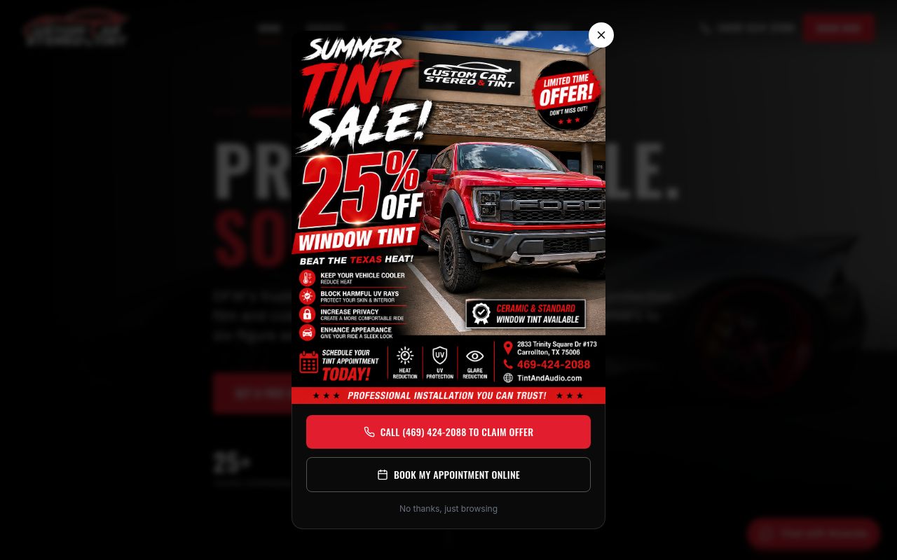 Homepage of Custom Car Stereo & Tint's website