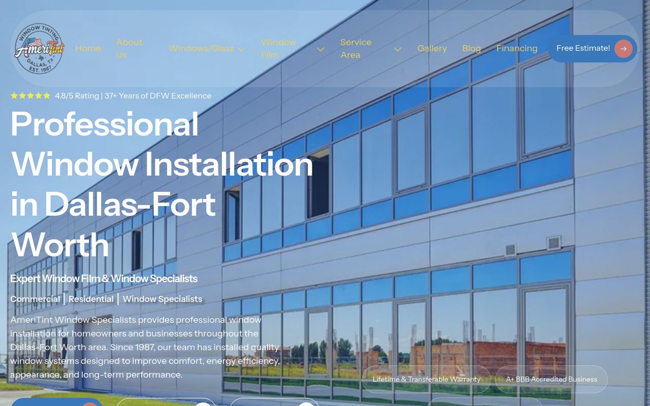 Homepage of AmeriTint Window Replacement and Installation's website