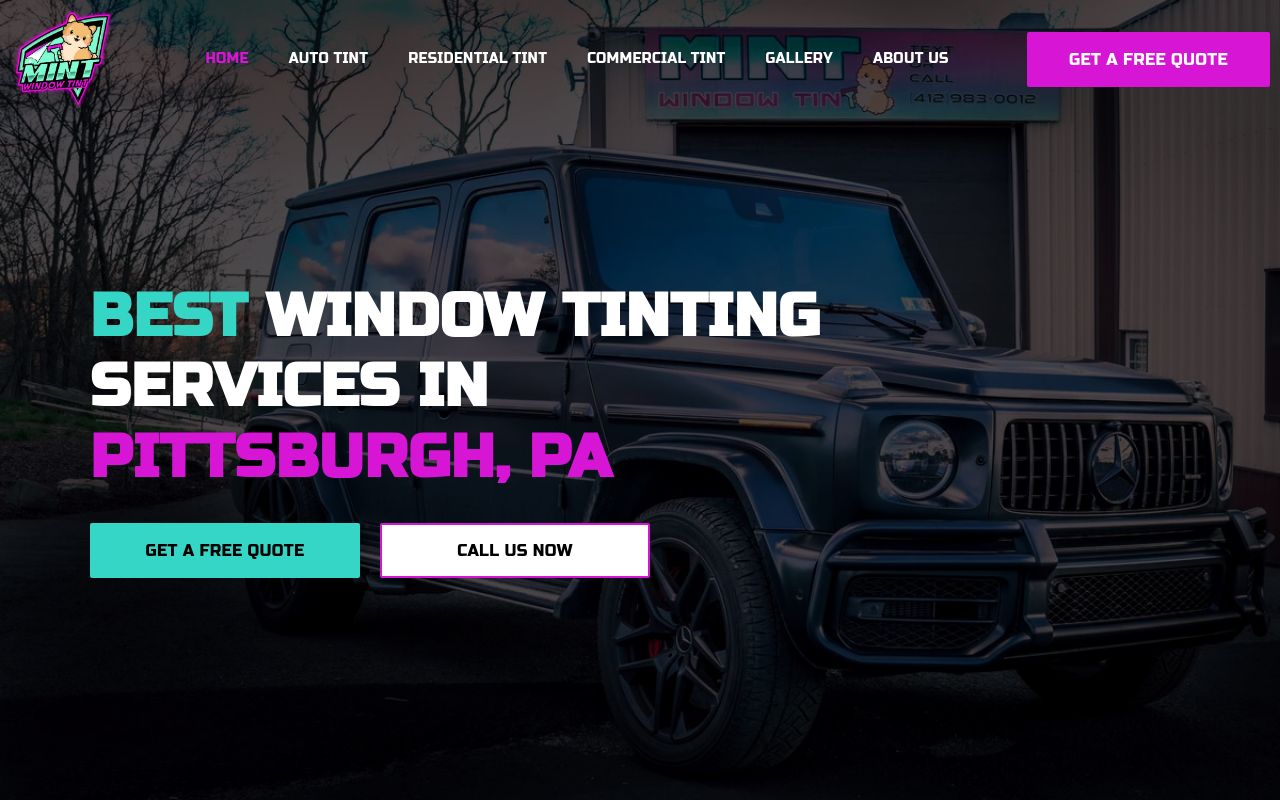 Homepage of MINT Window Tint's website