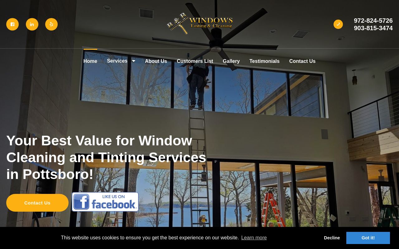 Homepage of B&B window cleaning and tinting's website