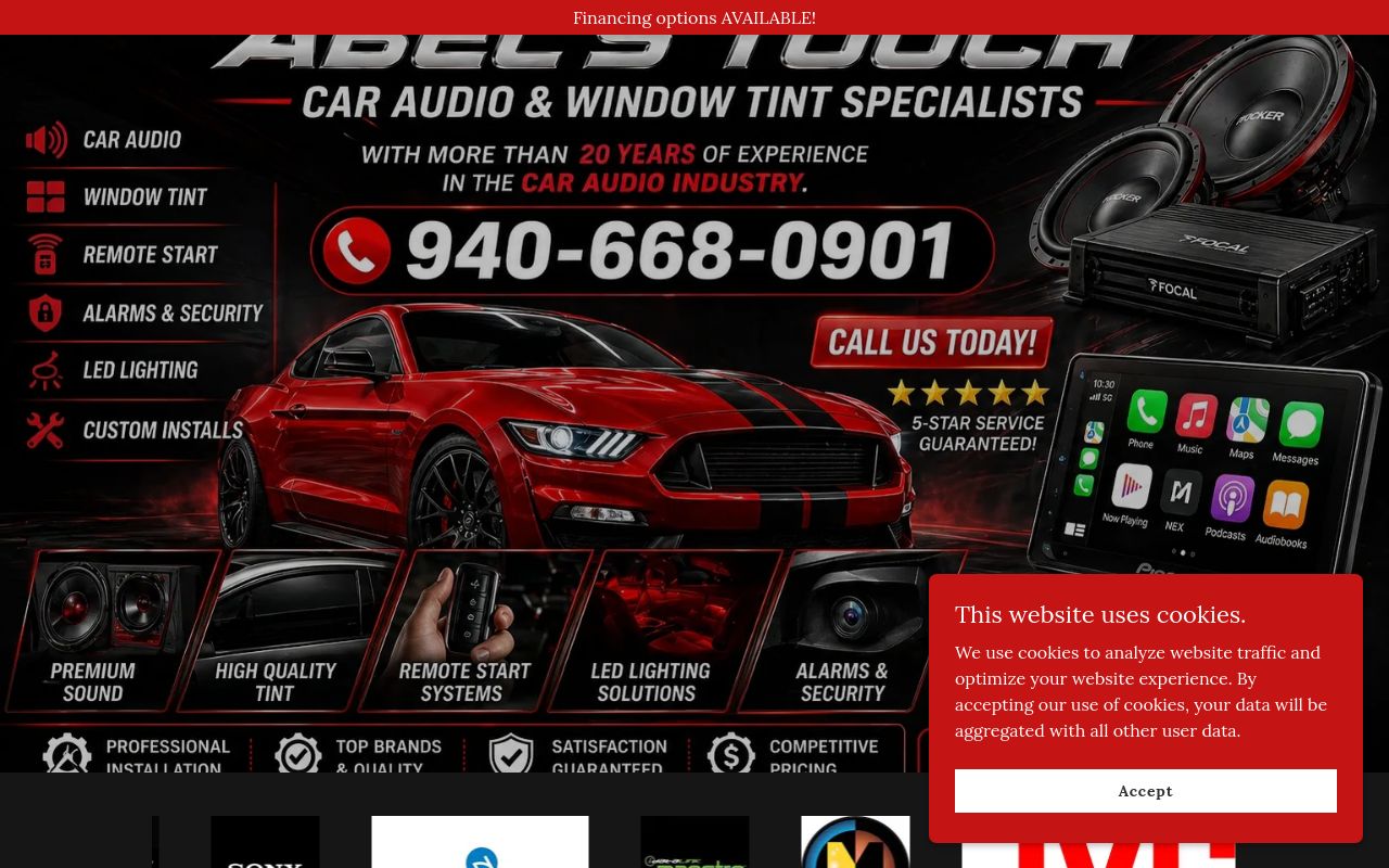 Homepage of Abel's Touch Car Audio & Window Tint's website
