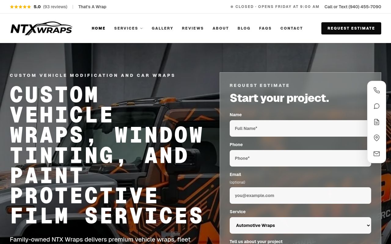 Homepage of NTX Wraps's website