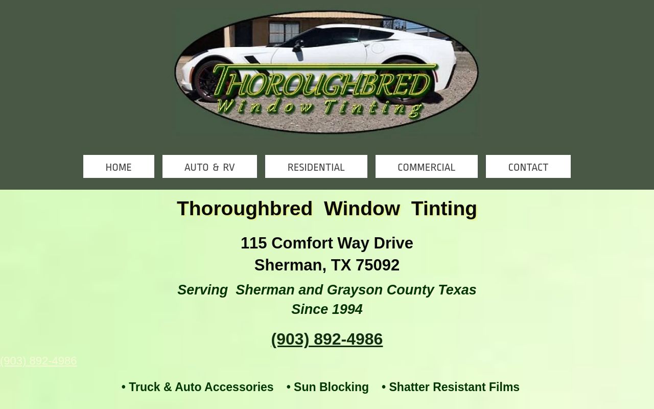 Homepage of Thoroughbred Window Tinting's website