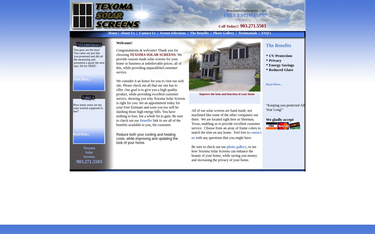 Homepage of Texoma Solar Screens's website