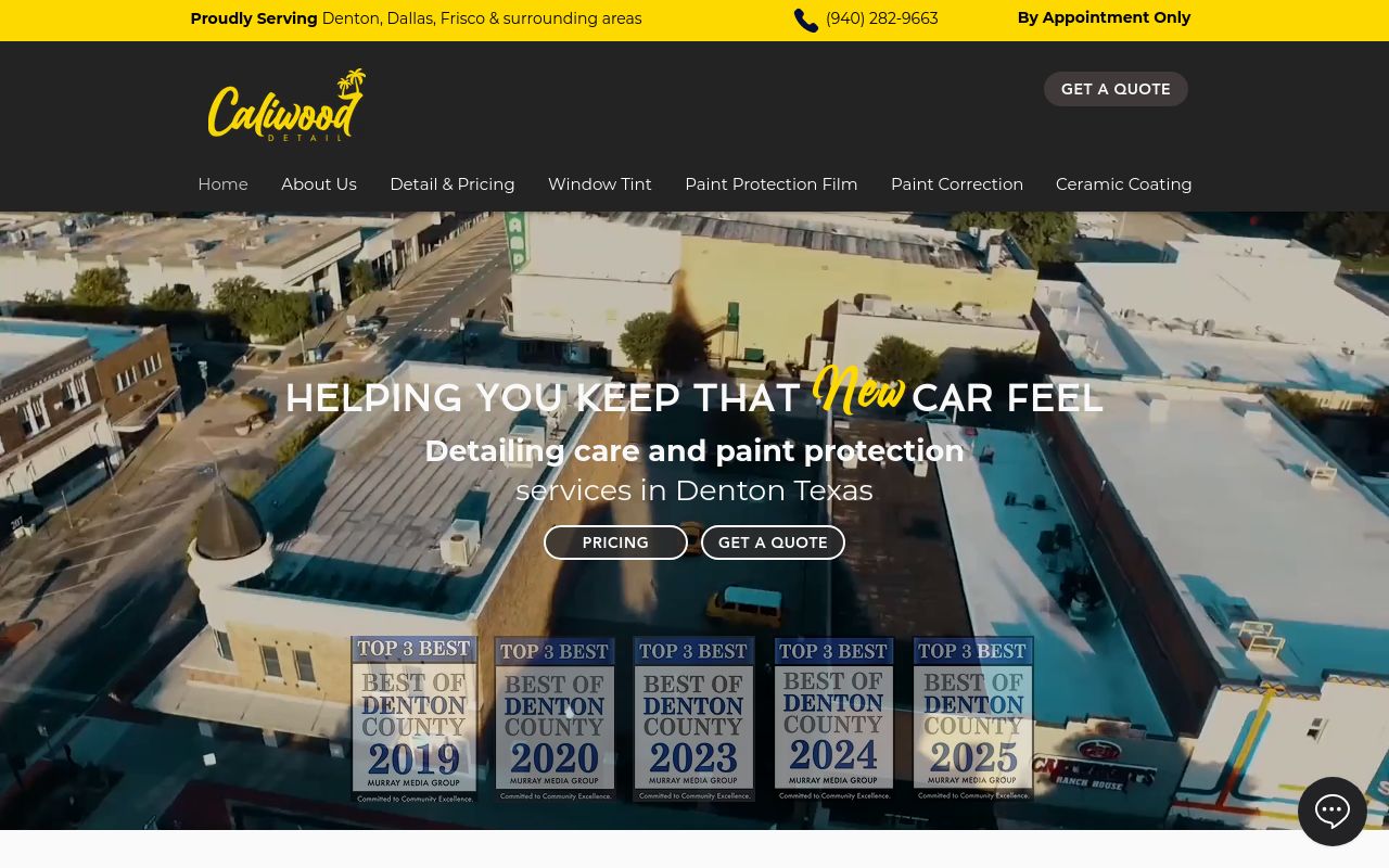 Homepage of Caliwood Detail's website