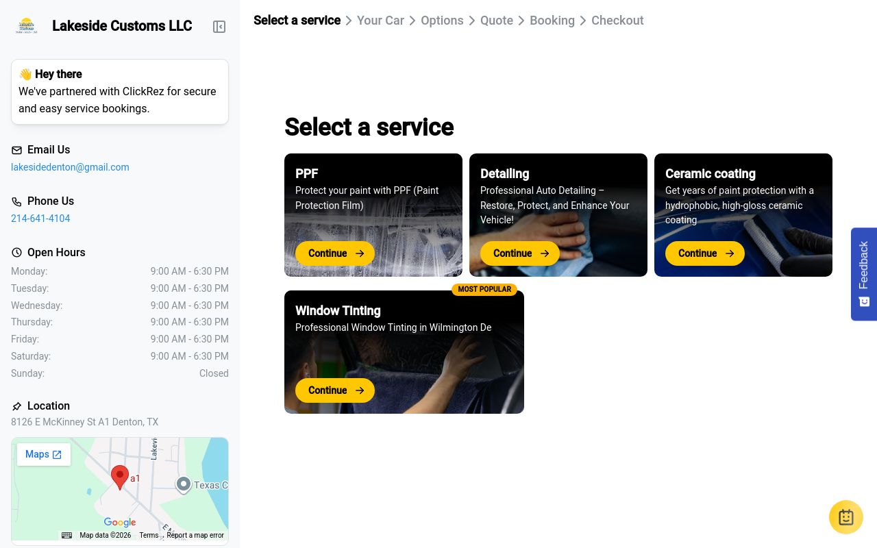 Homepage of Lakeside Customs's website