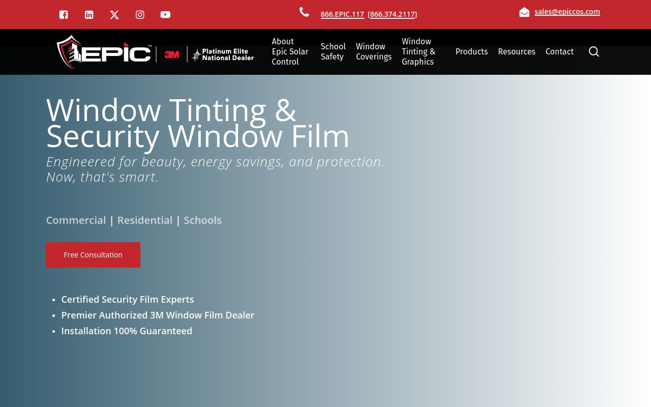 Homepage of Epic Solar Control, LLC's website