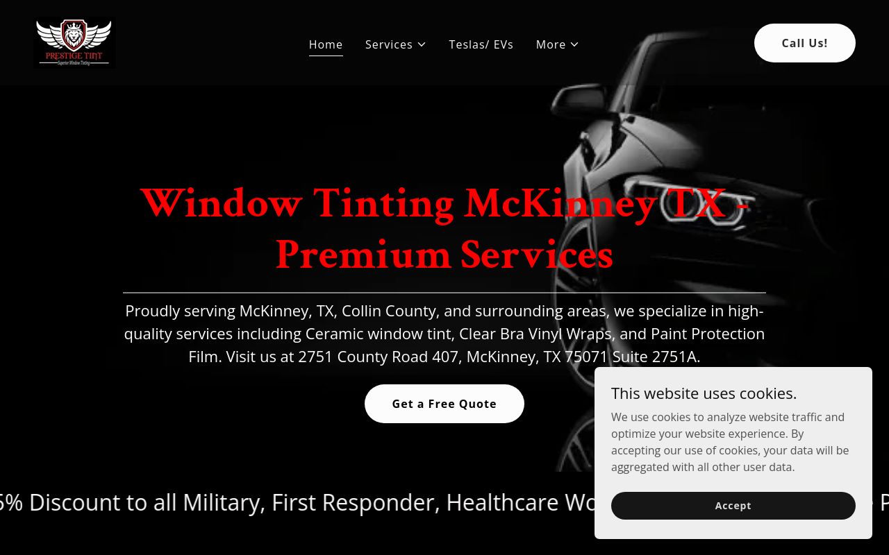 Homepage of Prestige Tint's website