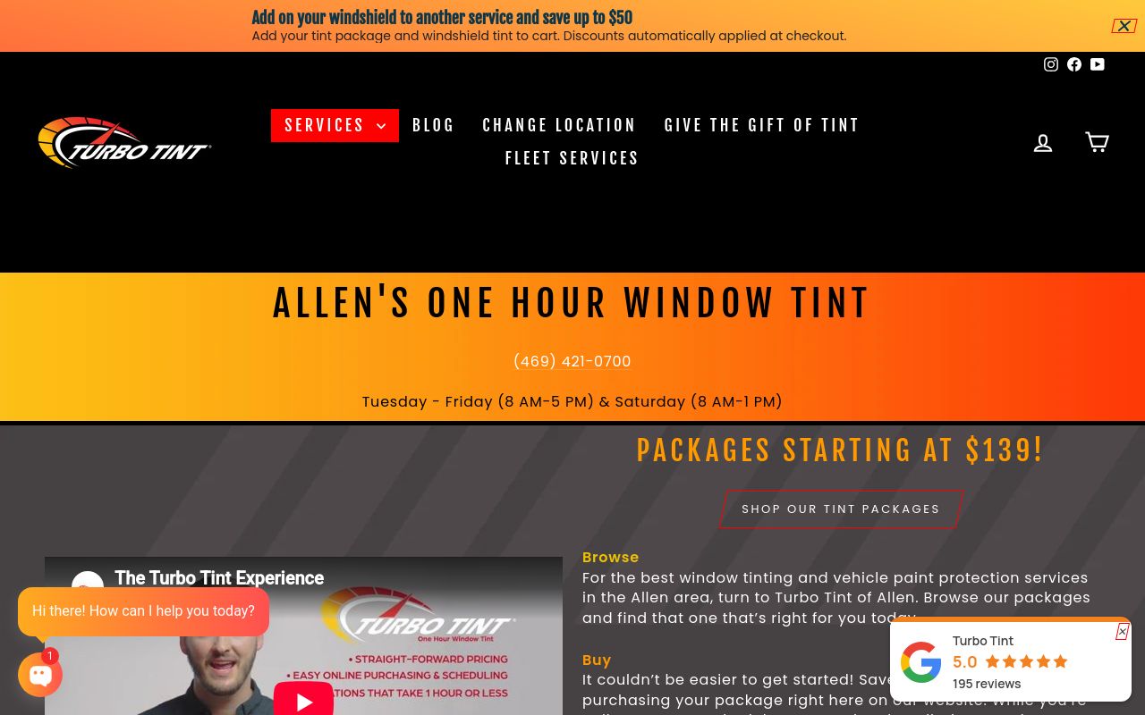 Homepage of Turbo Tint's website