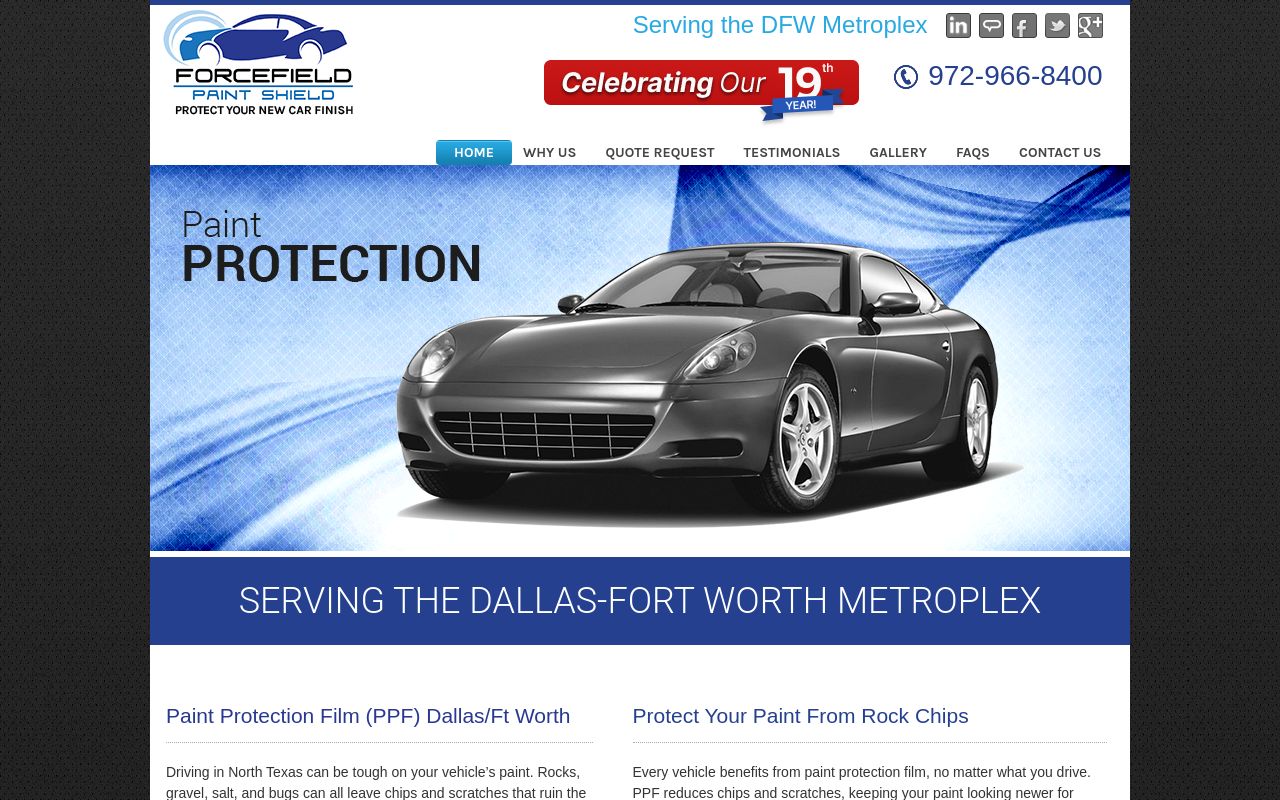 Homepage of Forcefield Paint Shield's website