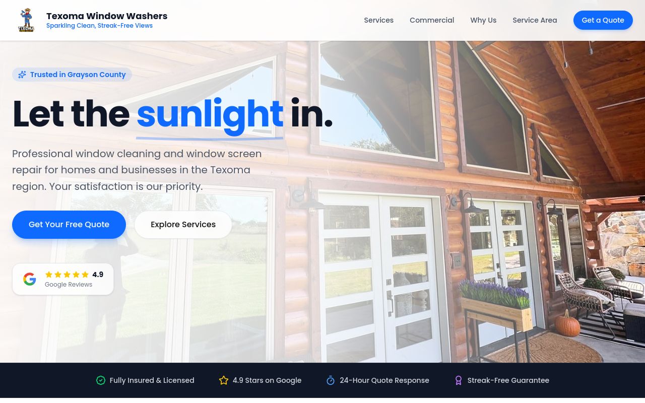 Homepage of Texoma Window Washers's website