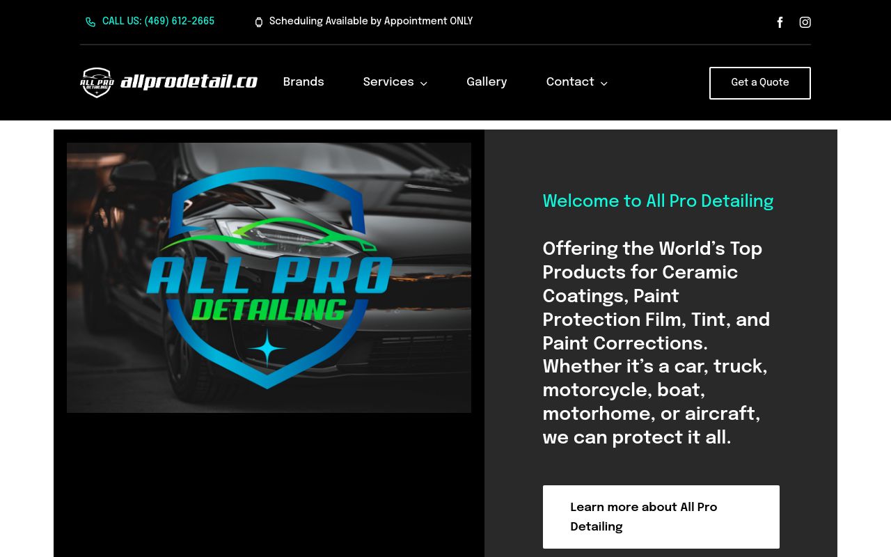 Homepage of All Pro Detailing's website