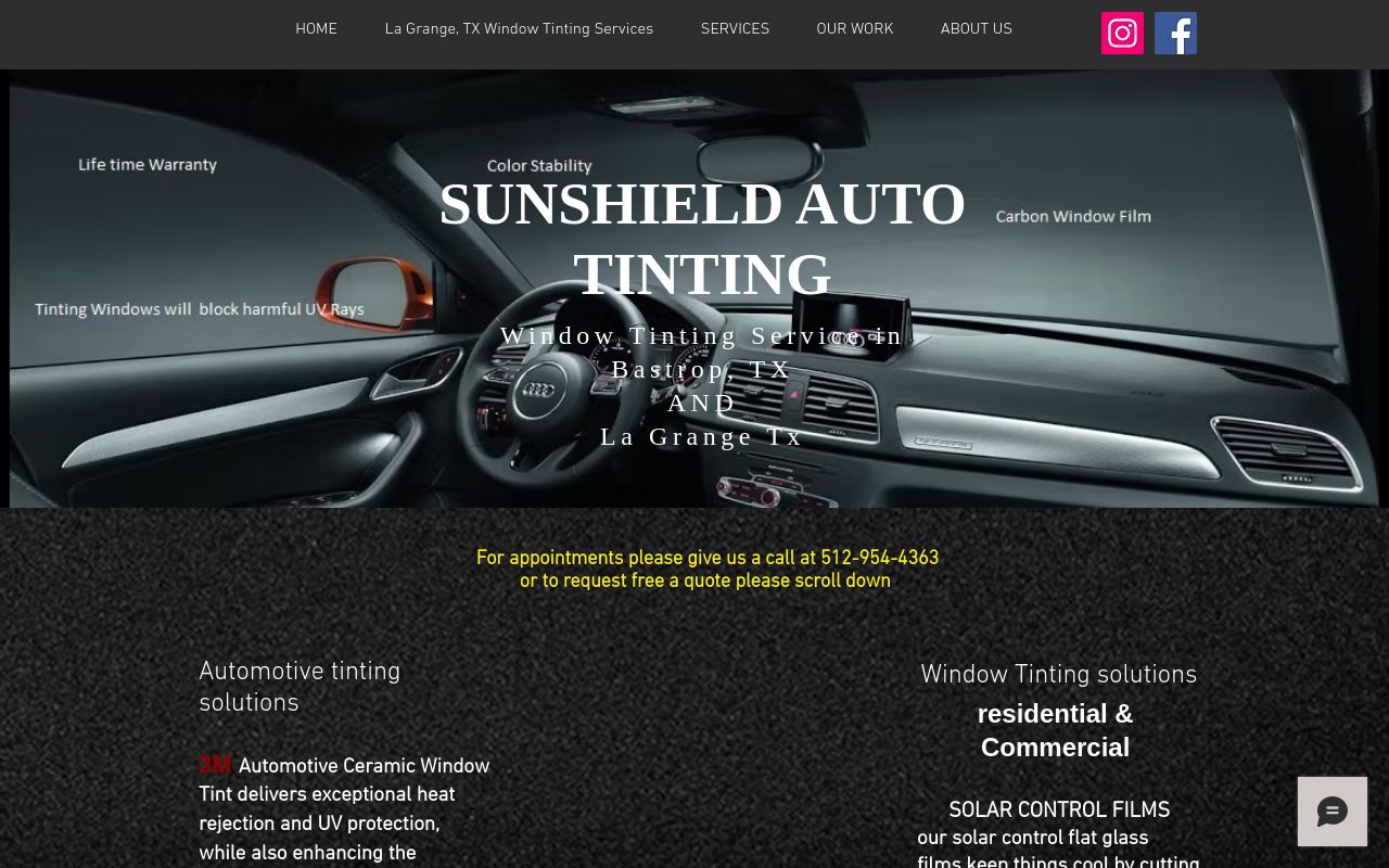 Homepage of Sunshield Window Tint's website
