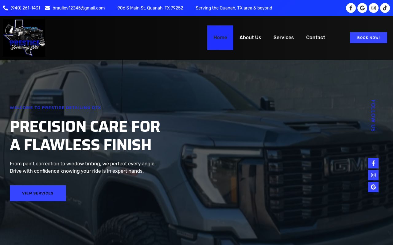 Homepage of Prestige Detailing Qtx, LLC's website