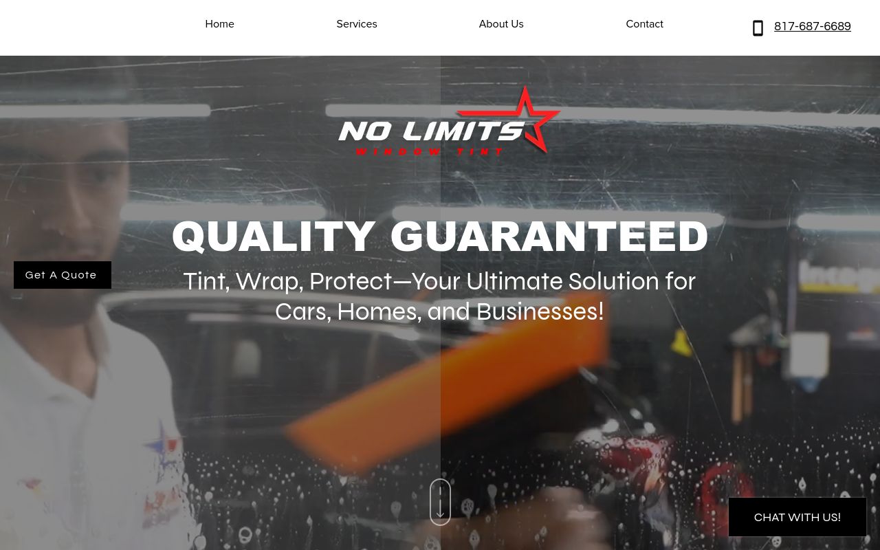 Homepage of No Limits Window Tint's website