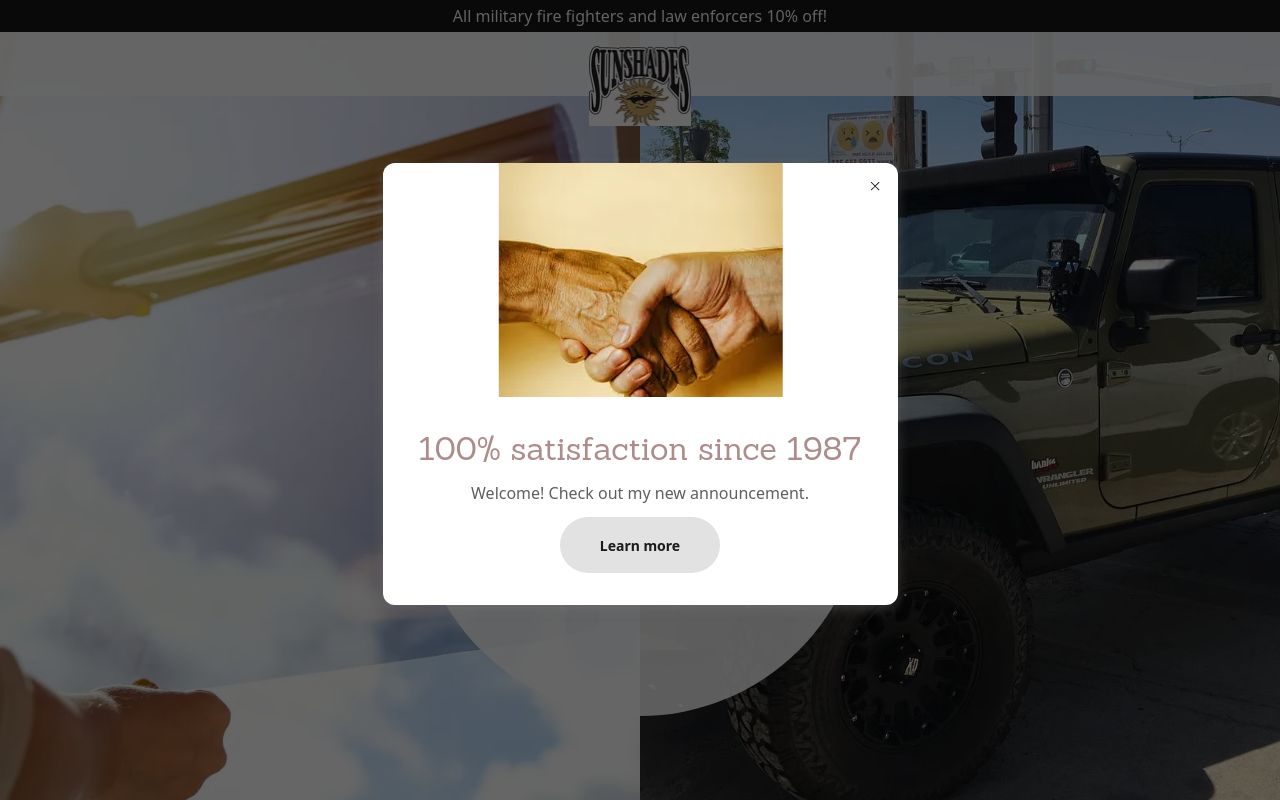 Homepage of Sunshades tint, ceramic coating, paint protection, and wraps's website