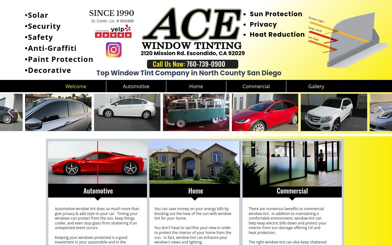 Homepage of Ace Window Tinting's website
