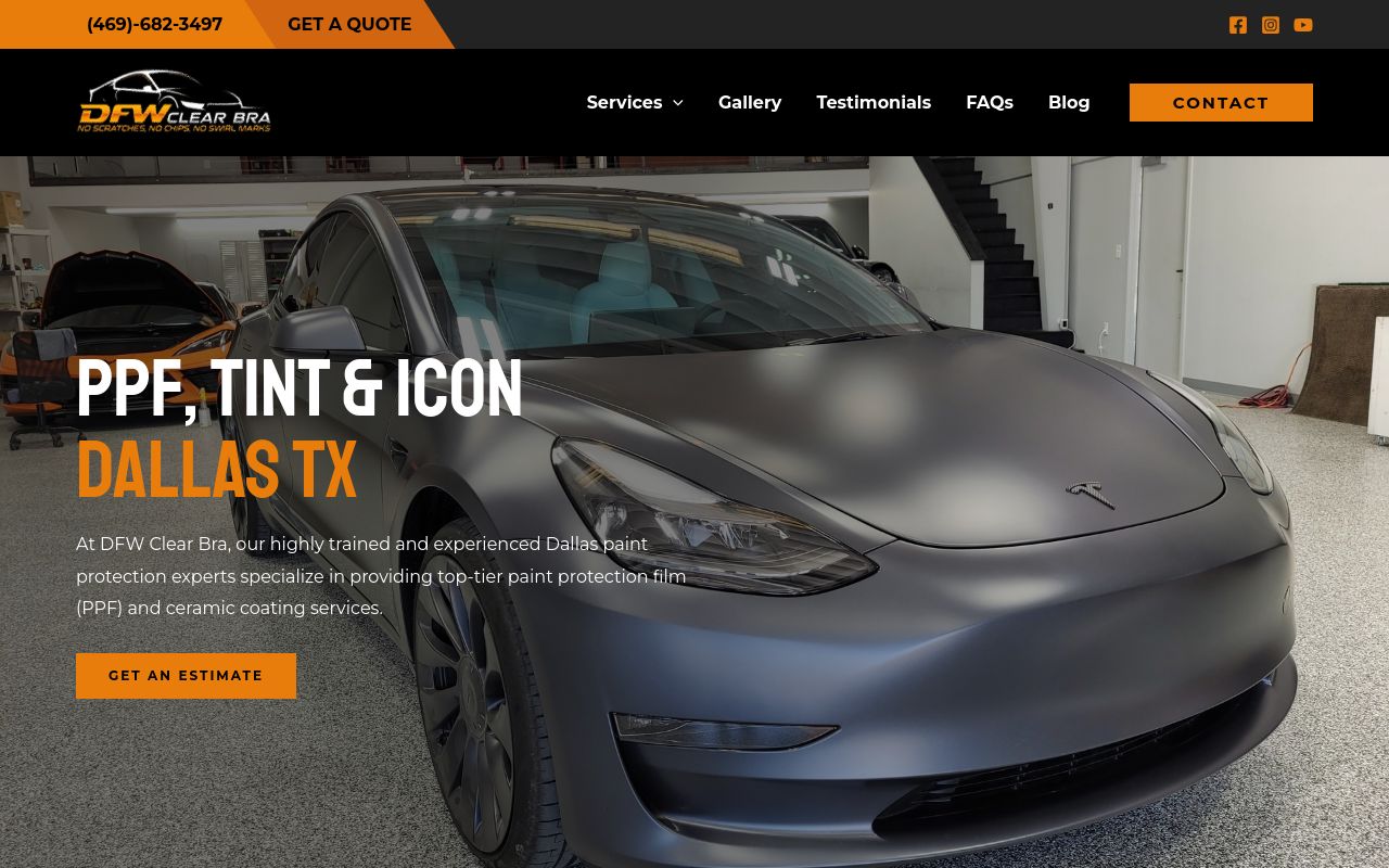 Homepage of DFW Clear Bra's website
