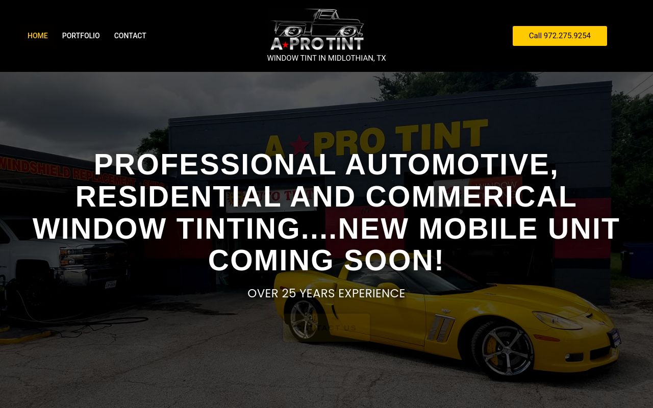 Homepage of A Pro Tint's website