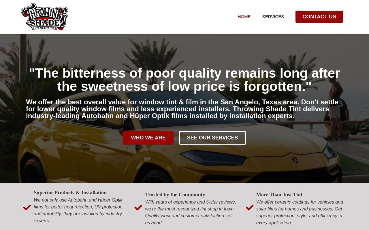 Homepage of Throwing Shade Automotive Tint's website