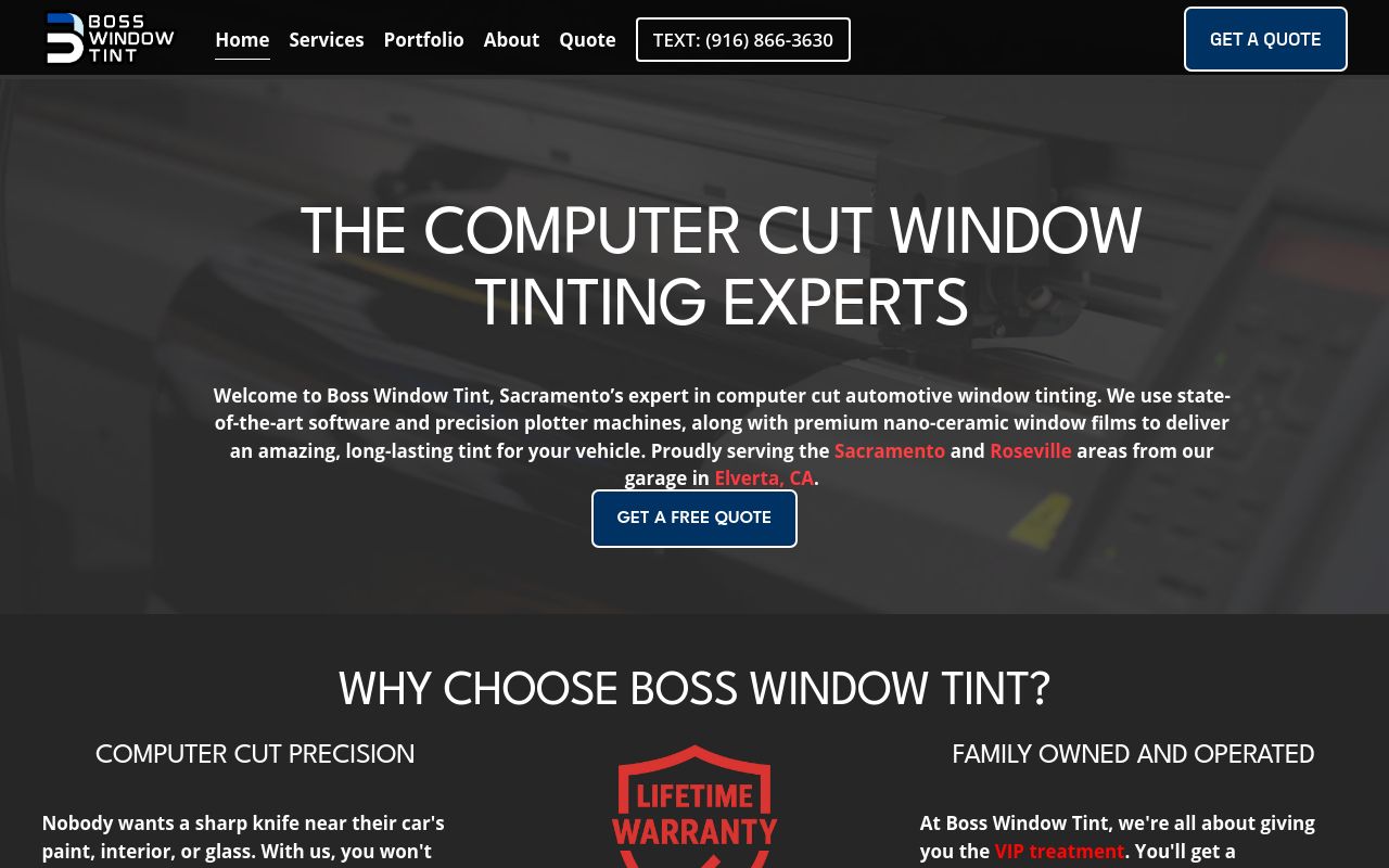 Homepage of Boss Window Tint - Text to Schedule's website