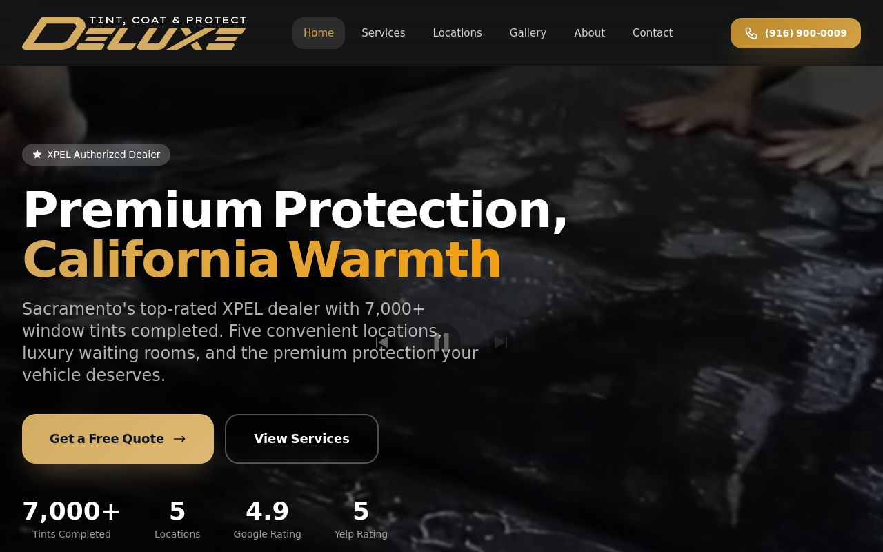 Homepage of Deluxe Tint Coat & Protect's website