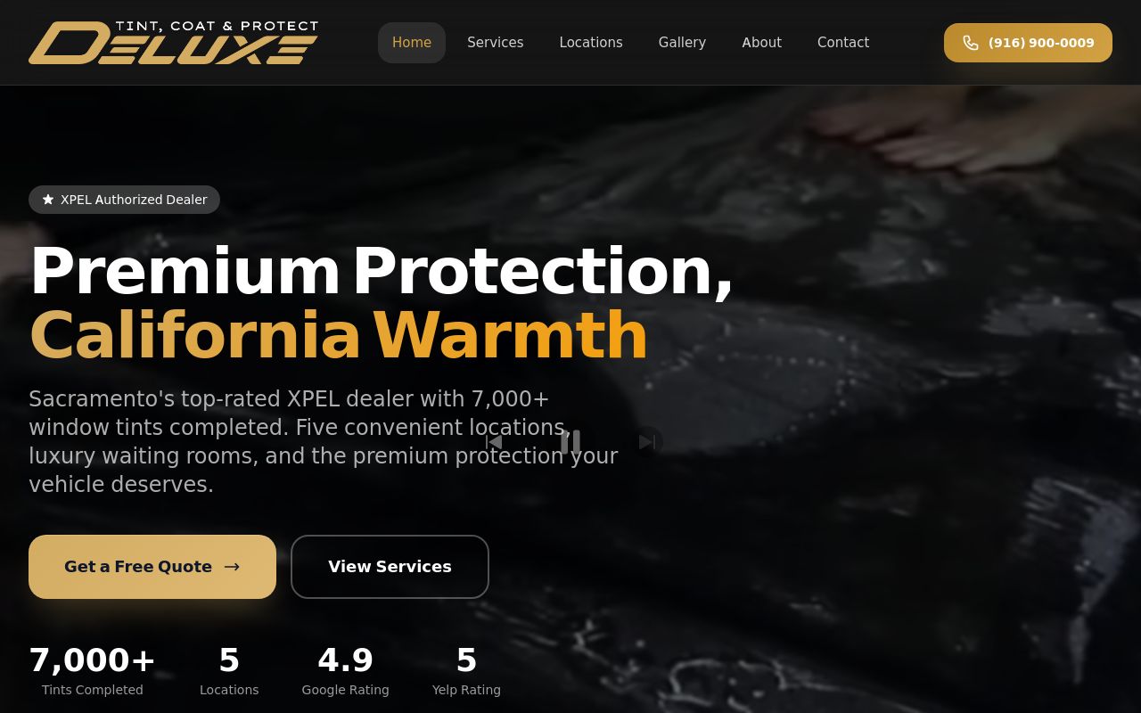 Homepage of Deluxe Tint Coat & Protect's website
