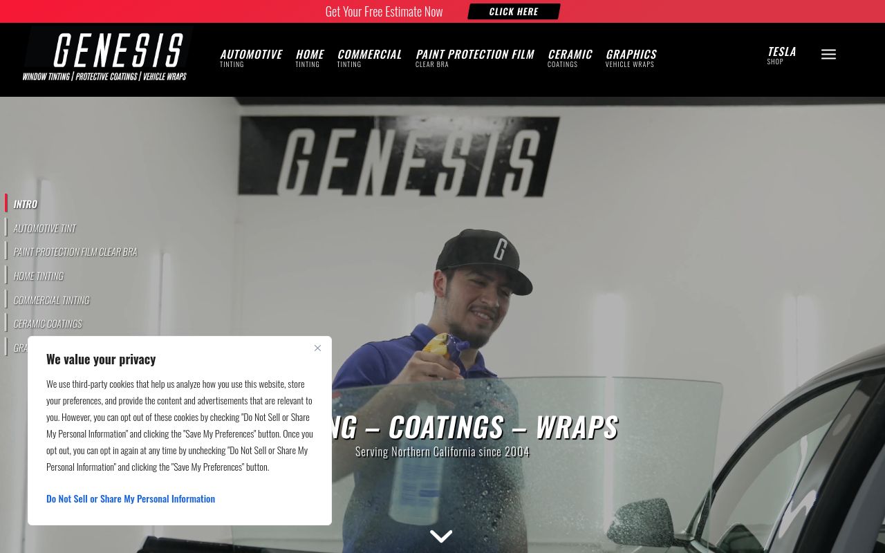 Homepage of Genesis Window Tinting's website
