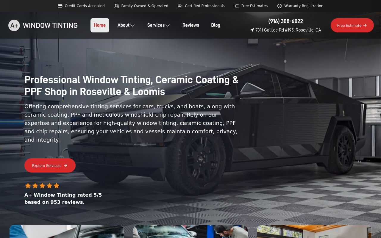 Homepage of A+ Window Tinting, Ceramic Coating, Detailing & PPF Roseville's website