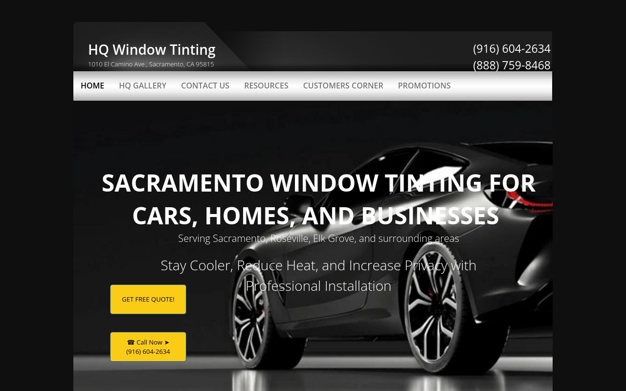 Homepage of HQ Window Tinting's website