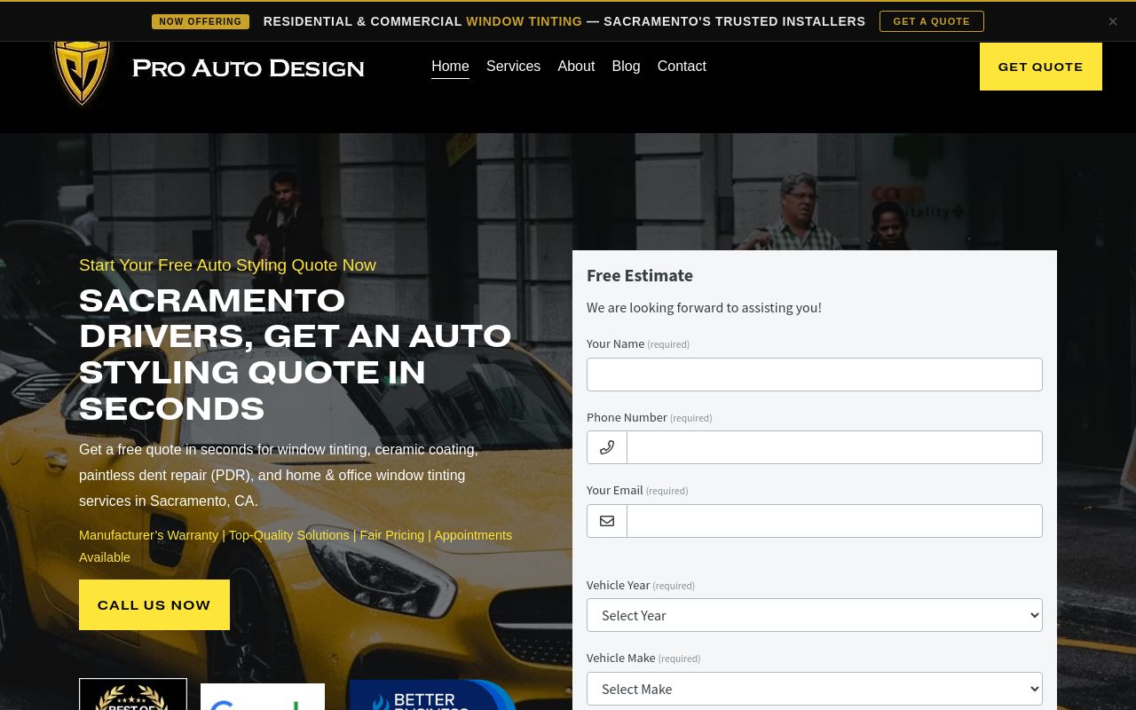 Homepage of Pro Auto Design's website
