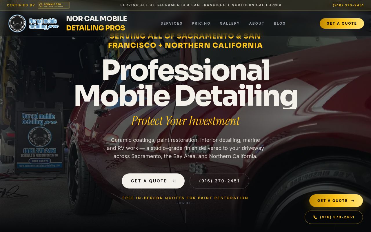 Homepage of Nor Cal Mobile Detailing Pro's of Sacramento & Ceramic Coatings - RV - Auto - Marine's website